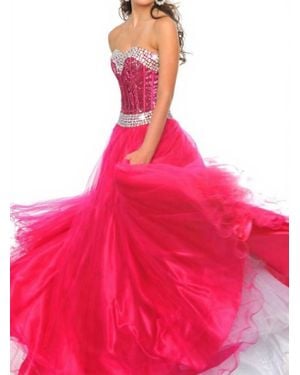 Precious Formals Beaded Strapless Tulle Gown - Pink