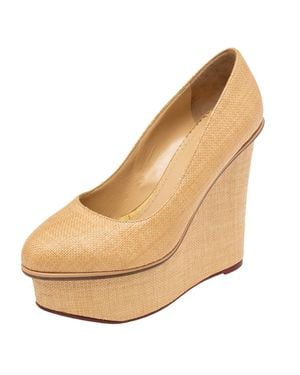 Charlotte Olympia Cream Raffia Carmen Wedge Platform Pumps - Natural