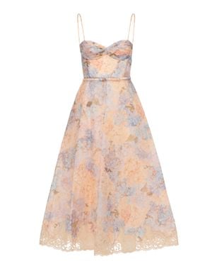 Zimmermann Midi-Length Floral Pattern Dress With Adjustable Waist Bow - Pink