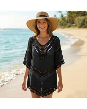 TRUEDAMES Crochet Trim V-Neck Sheer Beach Cover Up Poncho - Black