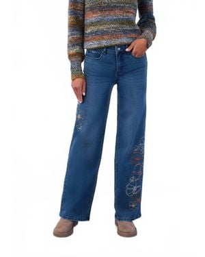 Fdj Christina Wide Leg Floral Embroidered Pant - Blue