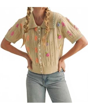 ..,merci Hand Embroidered Short Sleeve Button Down Sweater - Metallic