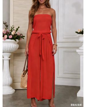 TRUEDAMES Off-Shoulder Long Jumpsuit With Side Slit - Red