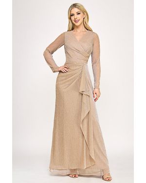 TRUEDAMES Metallic Crinkle Mesh A-Line Gown With Draped Waist And Sheer Long Sleeves - Natural