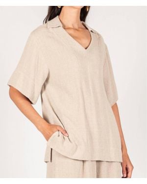 P.Cill Linen Collared V-Neck Top - Natural