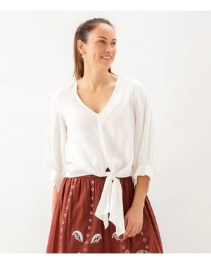 Karen Kane Blouson Sleeve Linen Tie-Front Top - White