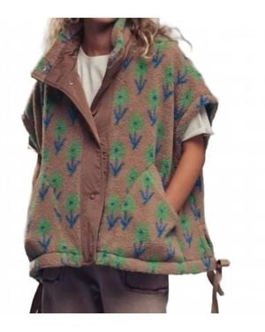 Urban Daizy Oversized Floral Sherpa Fleece Vest - Green