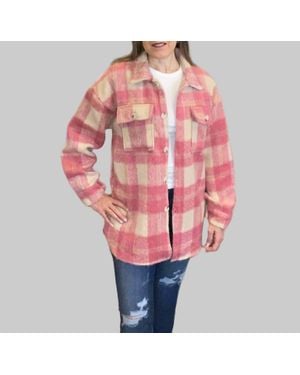 Epretty Fuzzy Plaid Button Down Shacket - Red