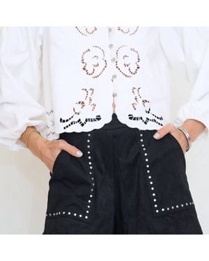 Aaron & Amber Embroidery Volume Sleeve Blouse Top - Blue