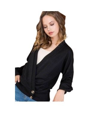 TRUEDAMES Overwrap Front Button Detail Long Sleeve Knit Top - Black