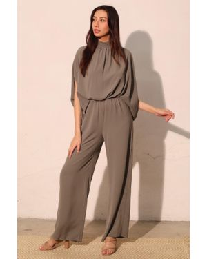TRUEDAMES Textured Solid Mock Neck Caftan Jumpsuit - Natural