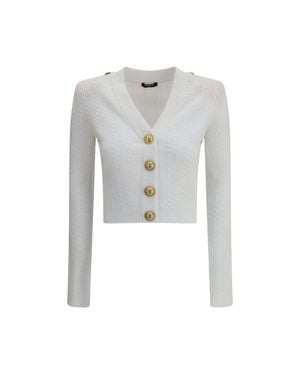 Balmain Ls Buttoned V-Neck Torsade Knit Cardigan - Gray