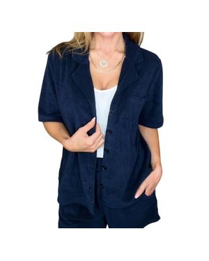 P.S. Kate French Terry Button Down Top - Blue