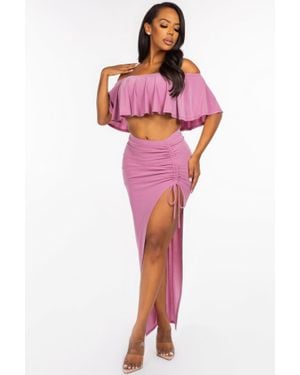 TRUEDAMES Solid Ity Off The Shoulder Ruffled Cropped Top And Ruched Maxi Skirt Two Piece Set - Red
