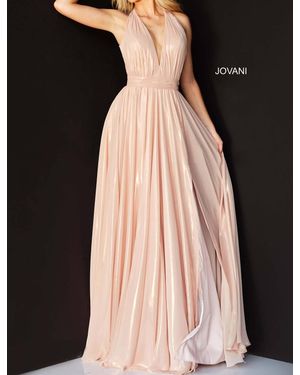 Jovani Plunging Halter Cascading Panel Gown In Blush - Pink