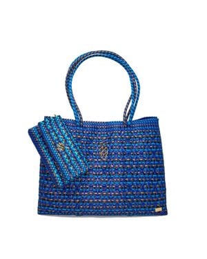 Lolas Bag Travel Woven Patterned Tote Bag With Clutch - Blue