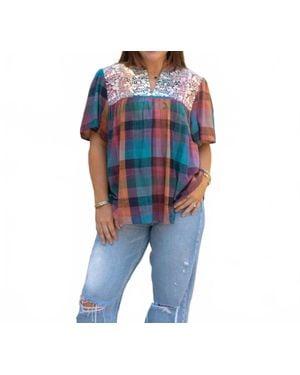 Layerz Clothing Micah Embroidered Plaid Top - Blue