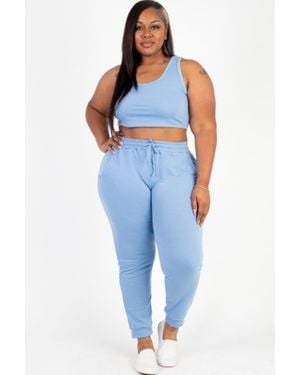 TRUEDAMES Fashnzfab Plus Size French Terry Cropped Tank Top & Sweatpants Set - Blue