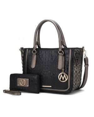MKF Bonnie Faux Crocodile-Embossed Vegan Leather Satchel With Wallet Bag - Black