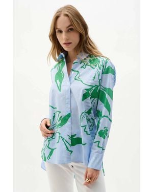 Joseph Ribkoff Cotton Striped Floral Blouse - Blue