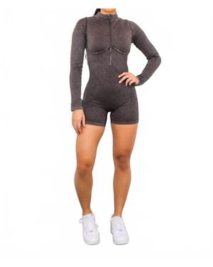 SurelyMine Mineral Wash Seamless Mock Neck Romper - Gray