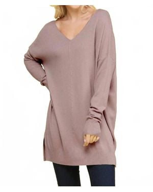 Ninexis V Neck Loose Fit Tunic Length Soft Sweater Top - Pink