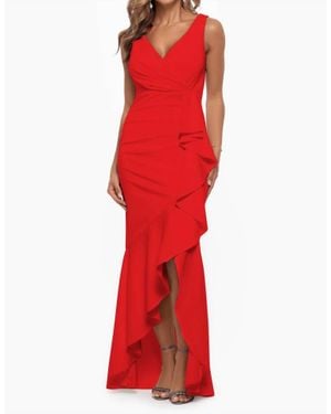 Betsy & Adam Candace Long V-Neck Hi Low Cascade Dress - Red