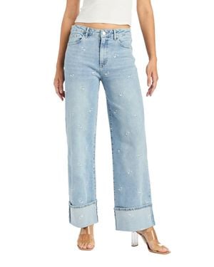 Tractr Floral Embroidery Wide Crop With Cuff Jeans - Blue