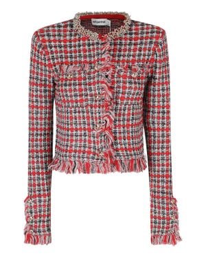 Self-Portrait Fringed Checkered Jeweled Button Cardigan