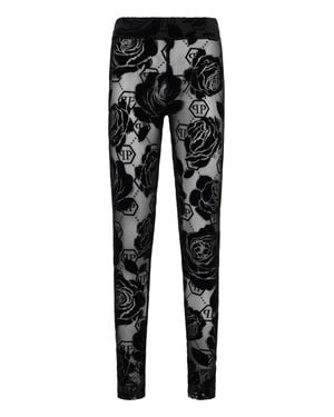 Philipp Plein Tulle Leggings Flock Flower Monogram - Black