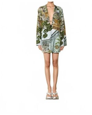 Isla & White Lori Silk Deep V-Neck Tunic Mini Dress - Green