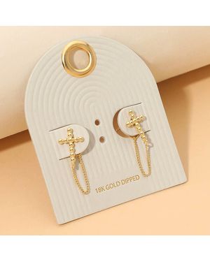 Fashnzfab 18K Dipped Minimalist Bubble Cross Chain Drop Earrings - Natural