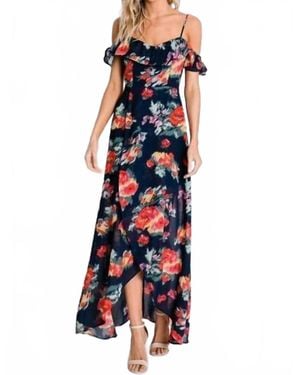 Davi & Dani Floral Print Ruffle Cold Shoulder Tulip Dress - Blue