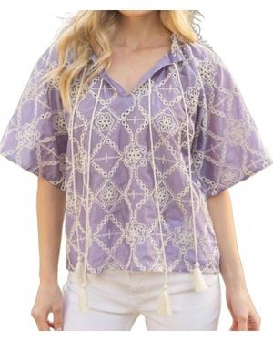 Voya Embroidered Eyelet Tassel Top - Purple