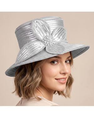 Fashnzfab Elegant Rhinestone Trim Embellished Floral Bow Accent Wide Brim Statement Dressy Hat - Gray