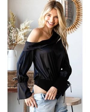 First Love One Shoulder Ruffle Sleeve Satin Bodysuit - Black