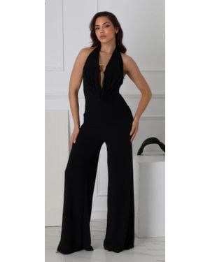 Fashnzfab Plunge Cowl Neck Drape Sexy Jumpsuit With O Ring - Black