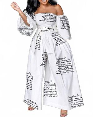 Flarix Corp Off Shoulder Lantern Sleeve Wide Leg Jumpsuit - White