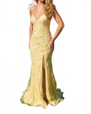 Faviana Floral Beaded Appliqué V-Neck Maxi Dress - Yellow