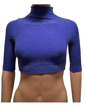 Phat Buddha Mock Neck Metallic Stretch Crop Top - Blue