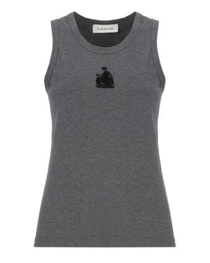 Lanvin Beaded Embroidered Cotton Tank Top - Gray