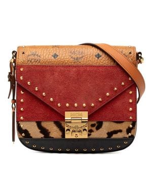 MCM Visetos Monogram Leopard Studs Leather Suede Calf Hair Shoulder Bag - Red