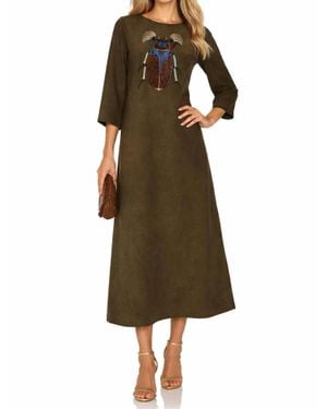Julia Allert Embroidered Beetle Faux Suede Midi Dress - Natural