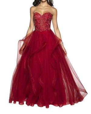 Blush Prom Hand Beaded Tulle Strapless Ruffled Gown - Red