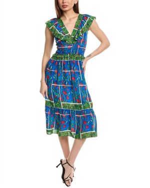 Garrie B Sleeveless Floral Smocked Waist Midi Dress - Blue