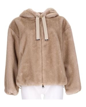 Herno Eco-Fur Textured Bomber Jacket With Hood And Drawstring Detail - Natural