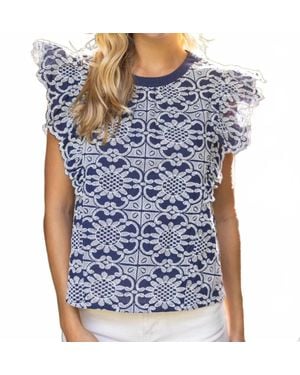 Voya Embroidered Lace Flutter Sleeve Top - Blue
