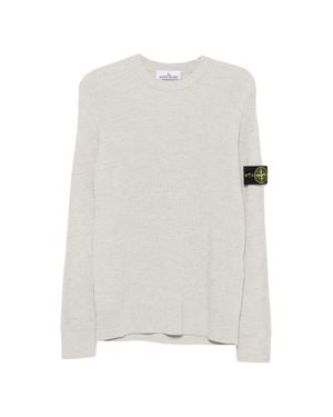 Stone Island Ribbed Virgin Wool Crew-Neck Sweater With Compass Logo - White