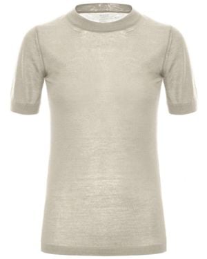 Malo Short-Sleeved Fine-Knit Cashmere Top With Classic Round Neckline - Natural