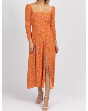Olivaceous Checked Squareneck Midi Dress - Orange